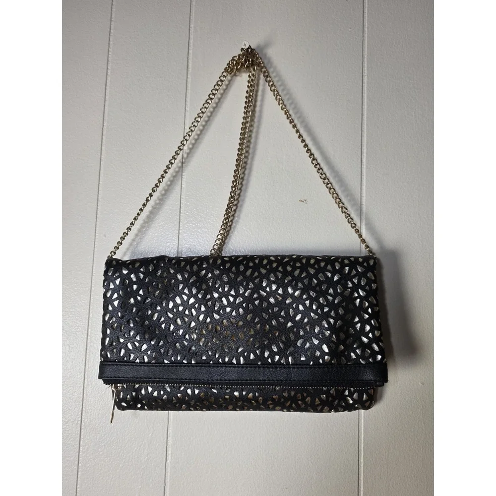 Black Gold Cutout Clutch Purse Fold Over Chain Strap Evening Bag